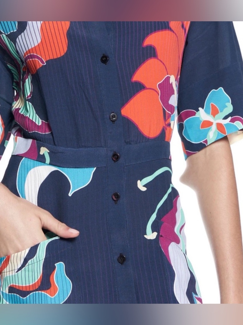 The Kit Cobie Shirtdress Navy Tropics Size 8 Button Front Midi Floral - Picture 9 of 12